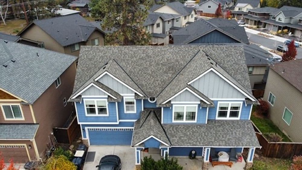 Aerial view of a large blue two-story house with a landscaped yard in a neighborhood.