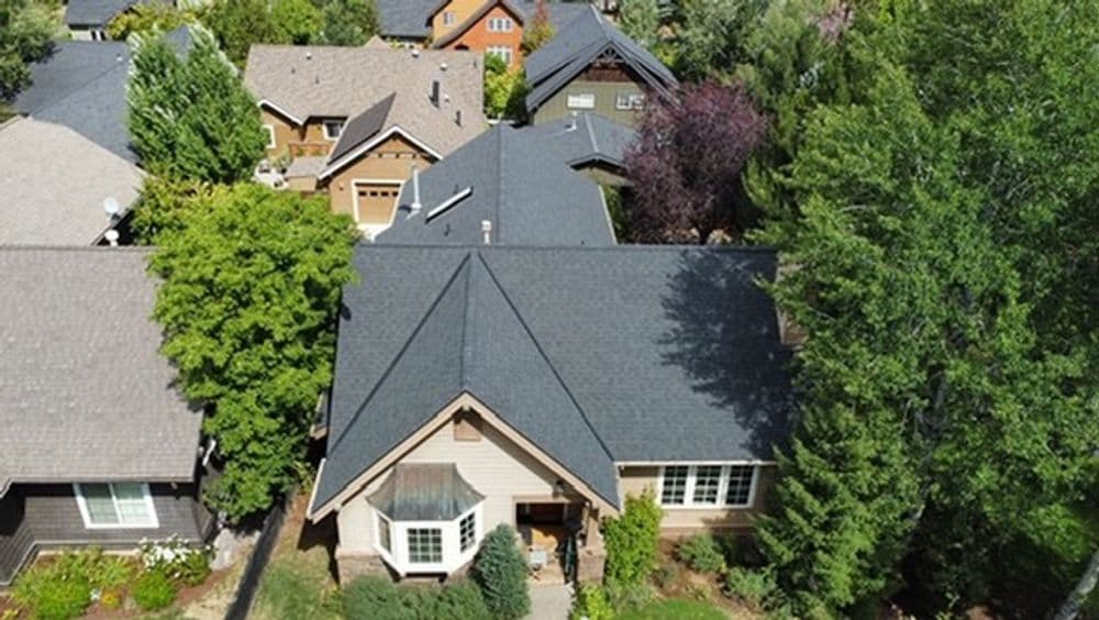 Aerial view of a suburban neighborhood showcasing homes and greenery.