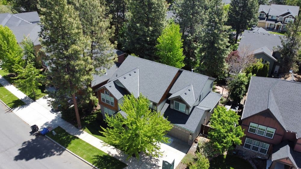 Aerial view of suburban homes surrounded by lush trees in a green neighborhood.